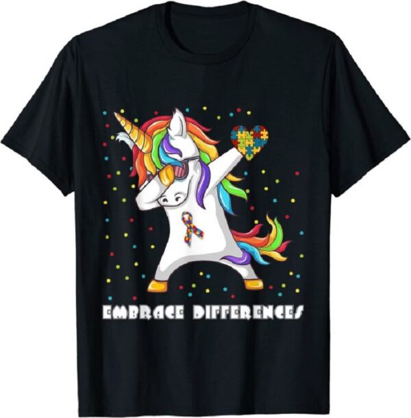 Embrace Differences Dabbing Unicorn T-shirt Autism Awareness Tops Shirts Graphic 3D Printed Cotton